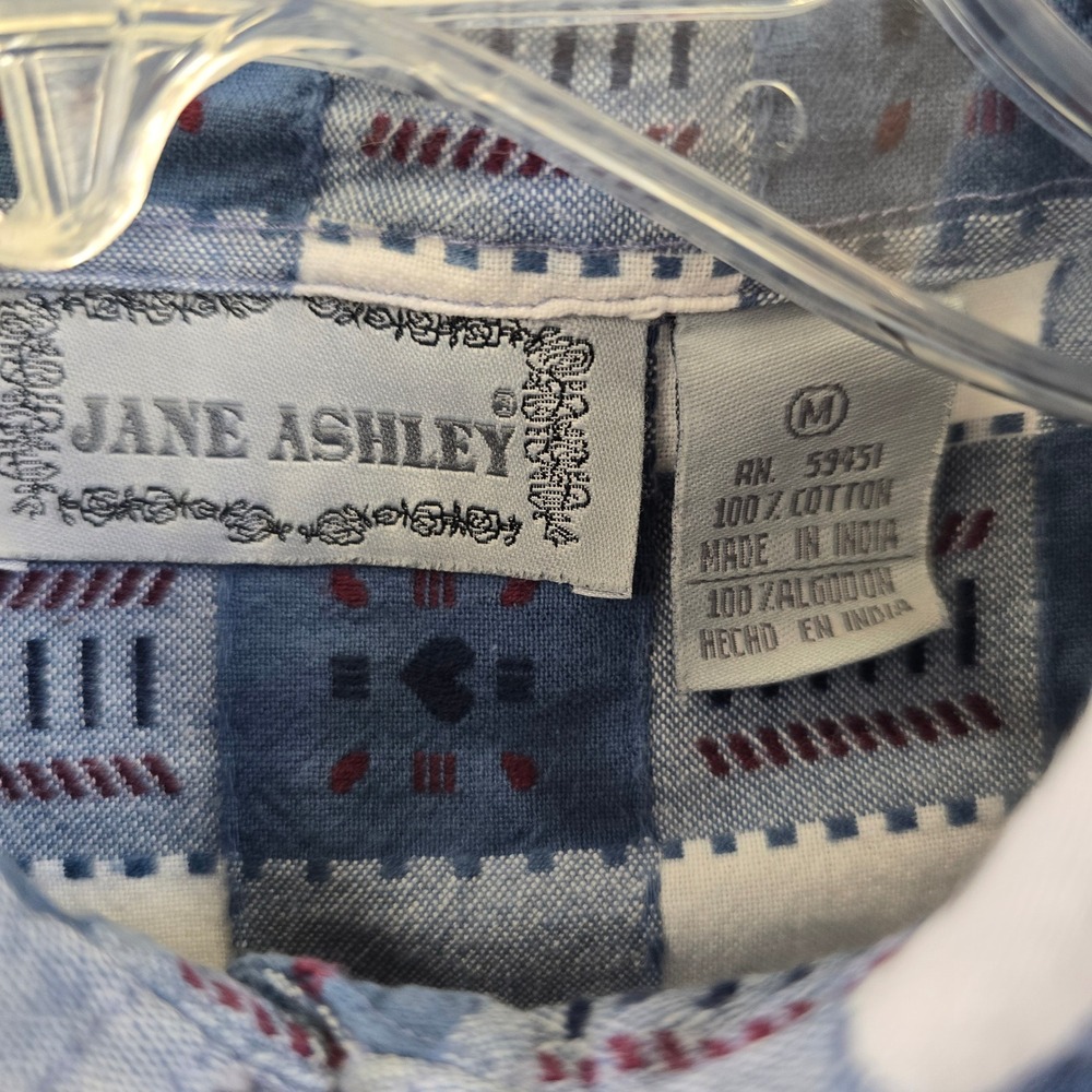 Jane Ashley Blue White Gingham Heart Button Down Shirt 100% Cotton Womens Medium - Picture 6 of 7